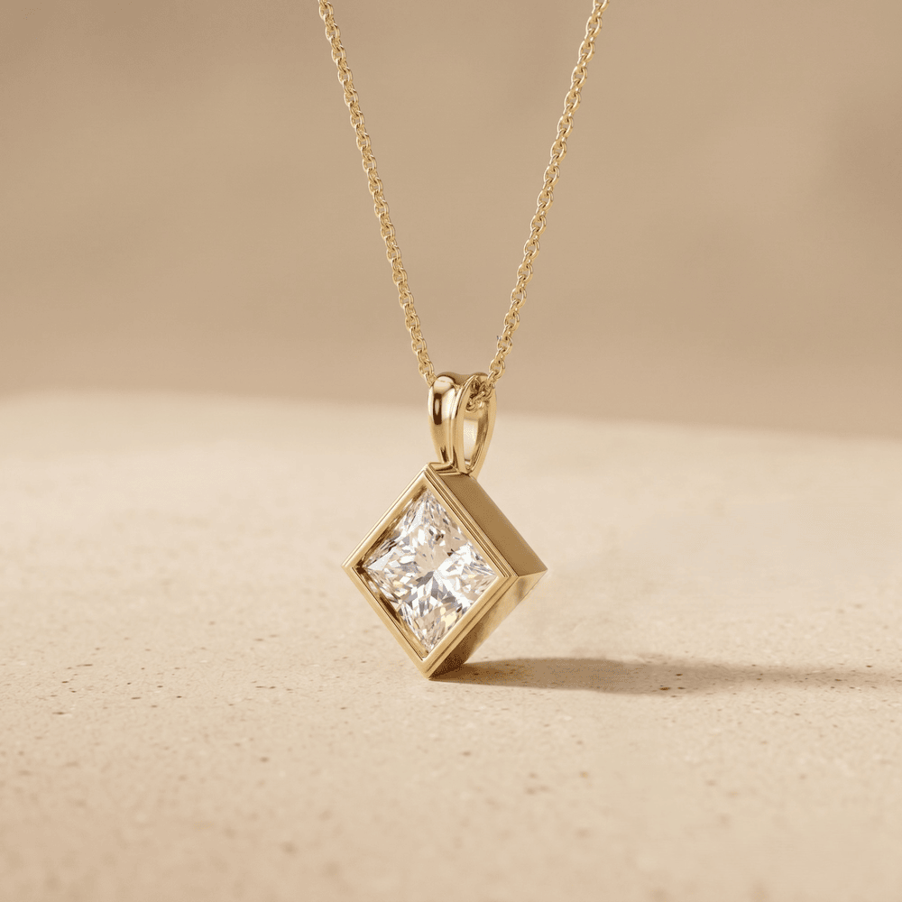 Princess Cut Lab Diamond Pendant Necklace 14k Yellow Gold