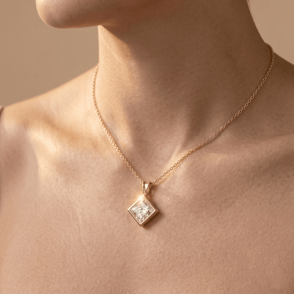 Princess Cut Lab Diamond Pendant Necklace 14k Yellow Gold