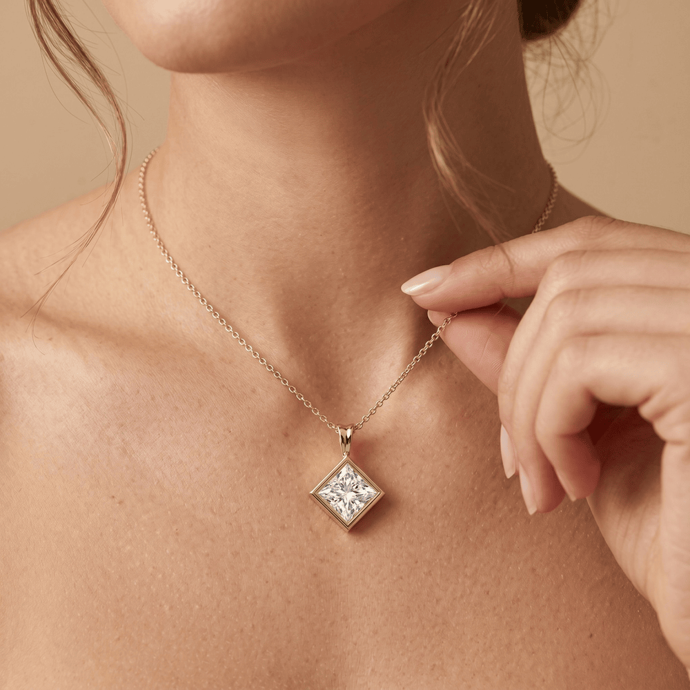 Princess Cut Lab Diamond Pendant Necklace 14k Yellow Gold