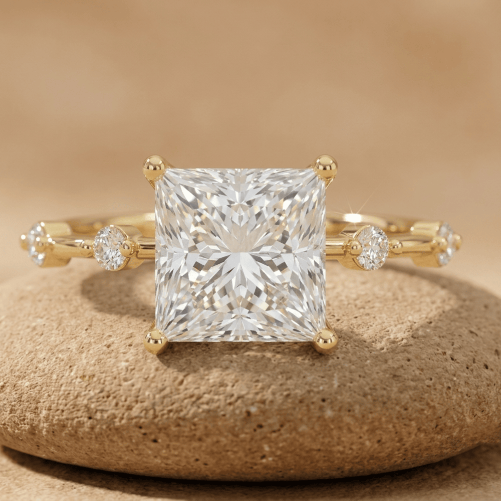 Princess cut lab grown diamond thin band wedding ring in 14K gold