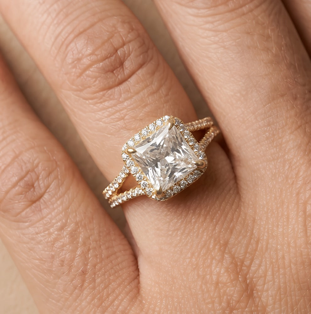 Split shank princess cut diamond ring worn on hand