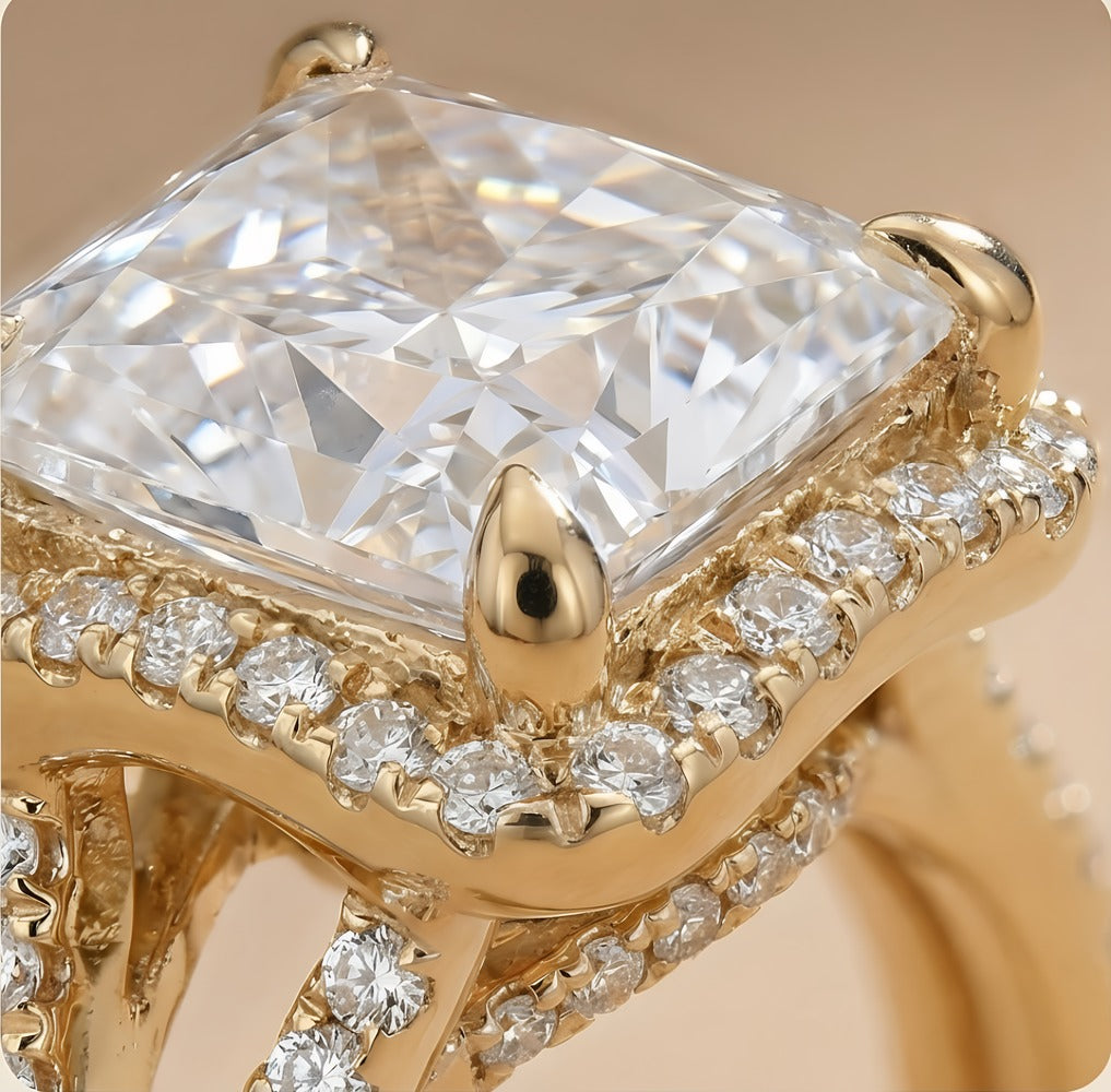 Hidden halo engagement ring split shank band close-up