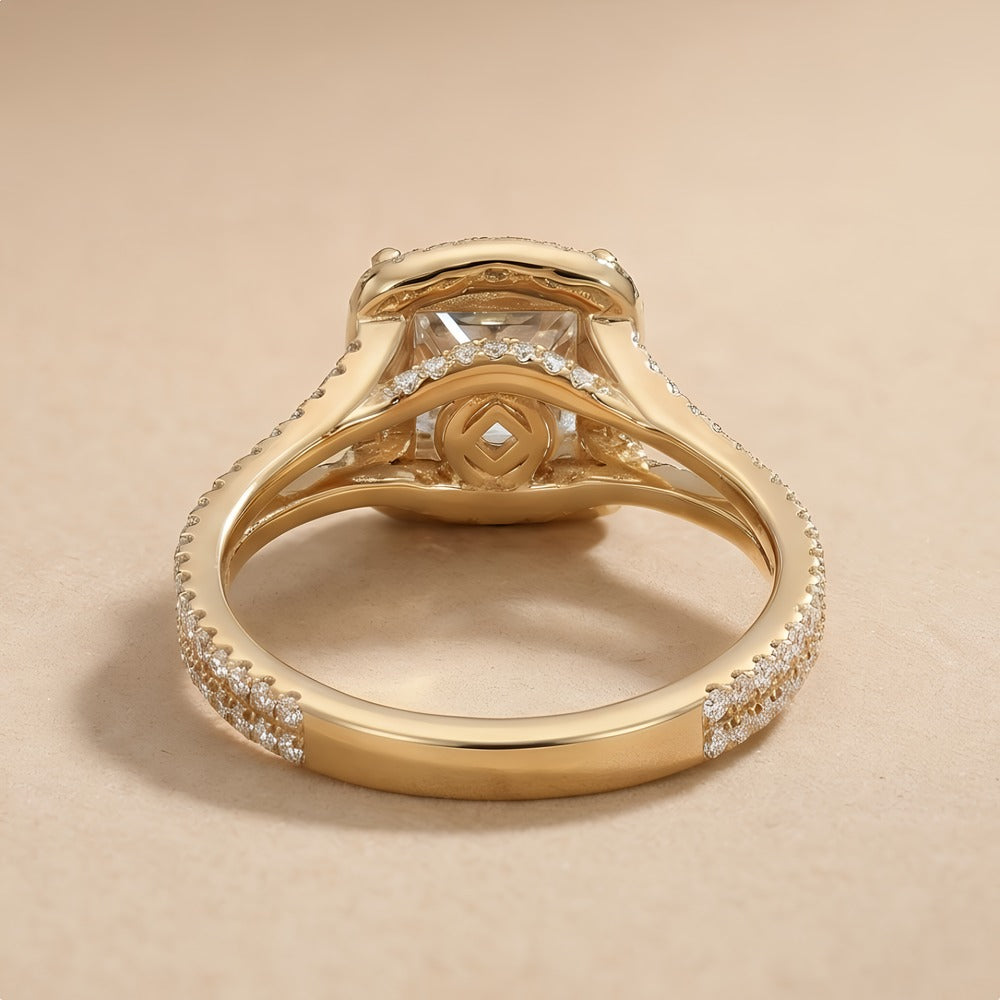 Hidden halo engagement ring with princess cut lab diamond top view