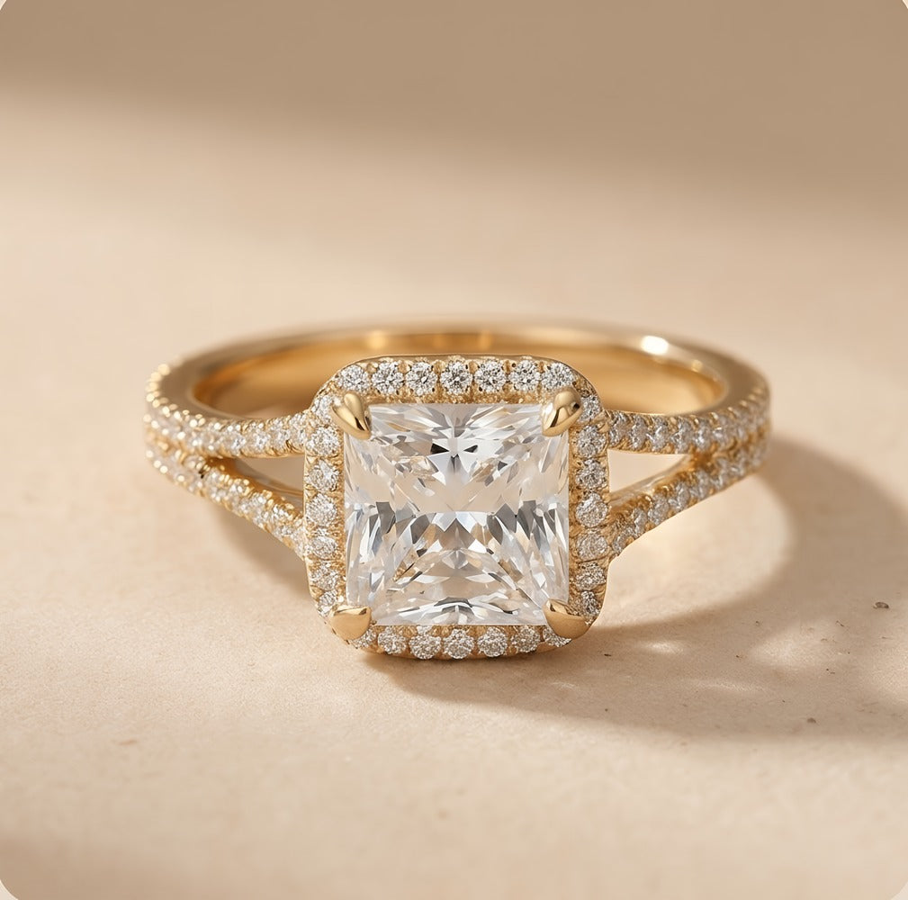 Princess cut lab grown diamond hidden halo ring front view