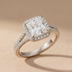 Hidden halo engagement ring with princess cut lab diamond top view