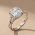 Lab grown diamond hidden halo engagement ring lifestyle shot