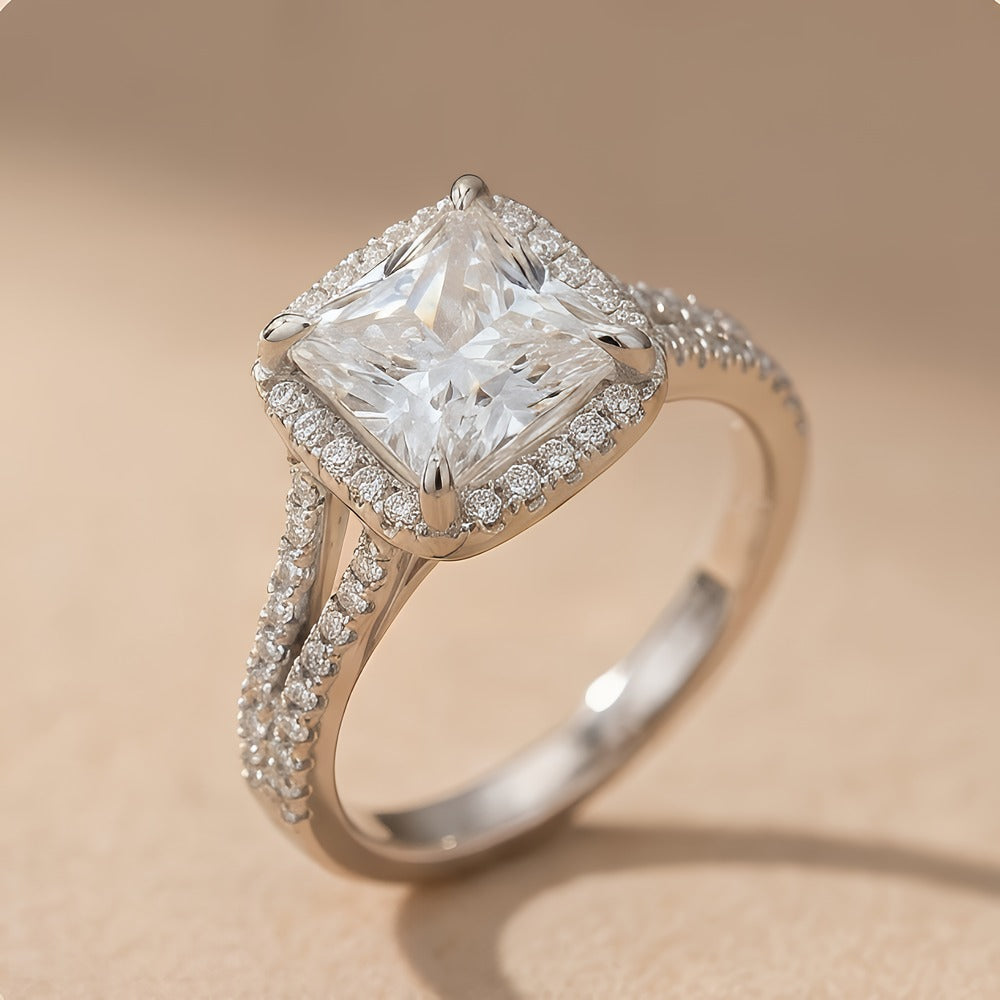 Lab grown diamond hidden halo engagement ring lifestyle shot