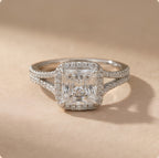 Princess cut lab grown diamond hidden halo ring front view