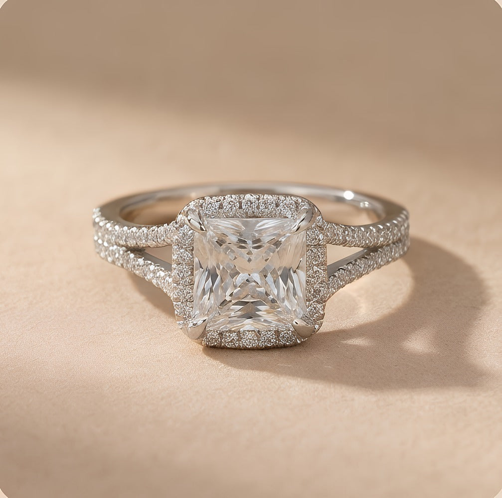 Princess cut lab grown diamond hidden halo ring front view
