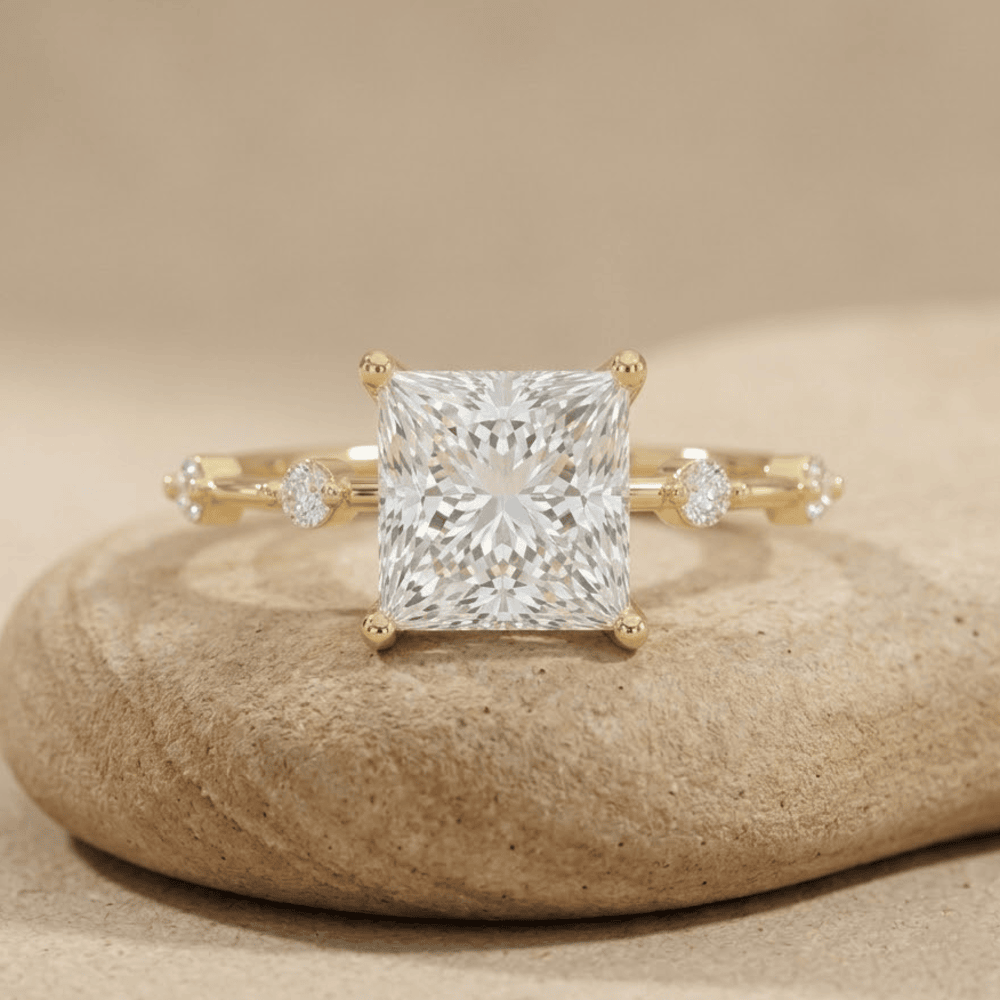 Princess cut moissanite engagement ring with simple wedding band