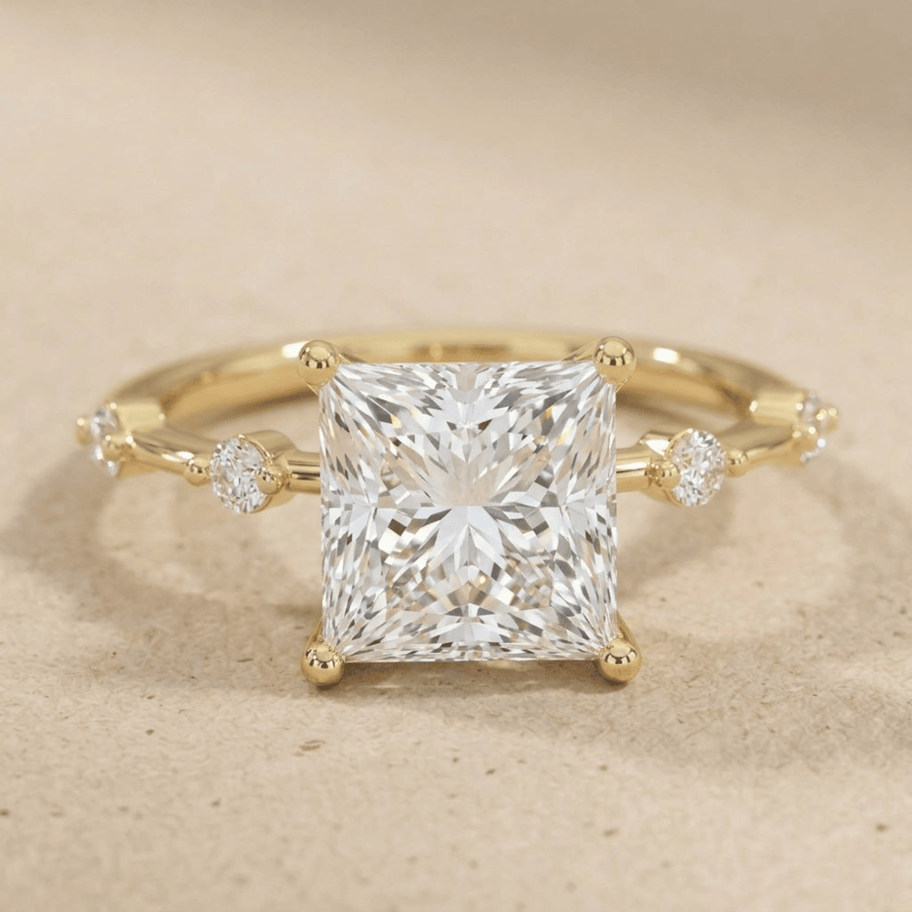 Minimalist moissanite engagement ring with square center stone