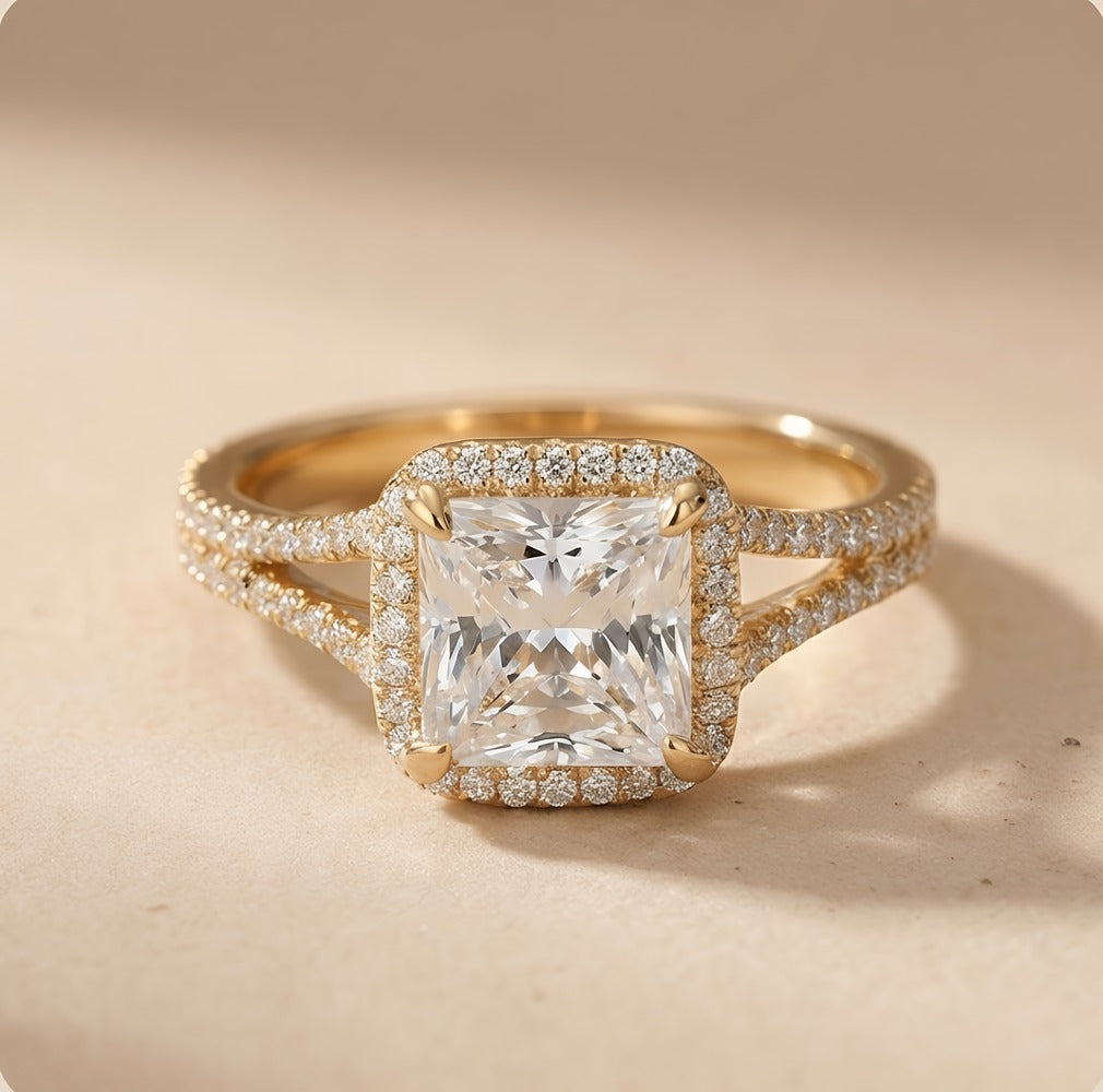 Princess split shank hidden halo moissanite engagement ring front view