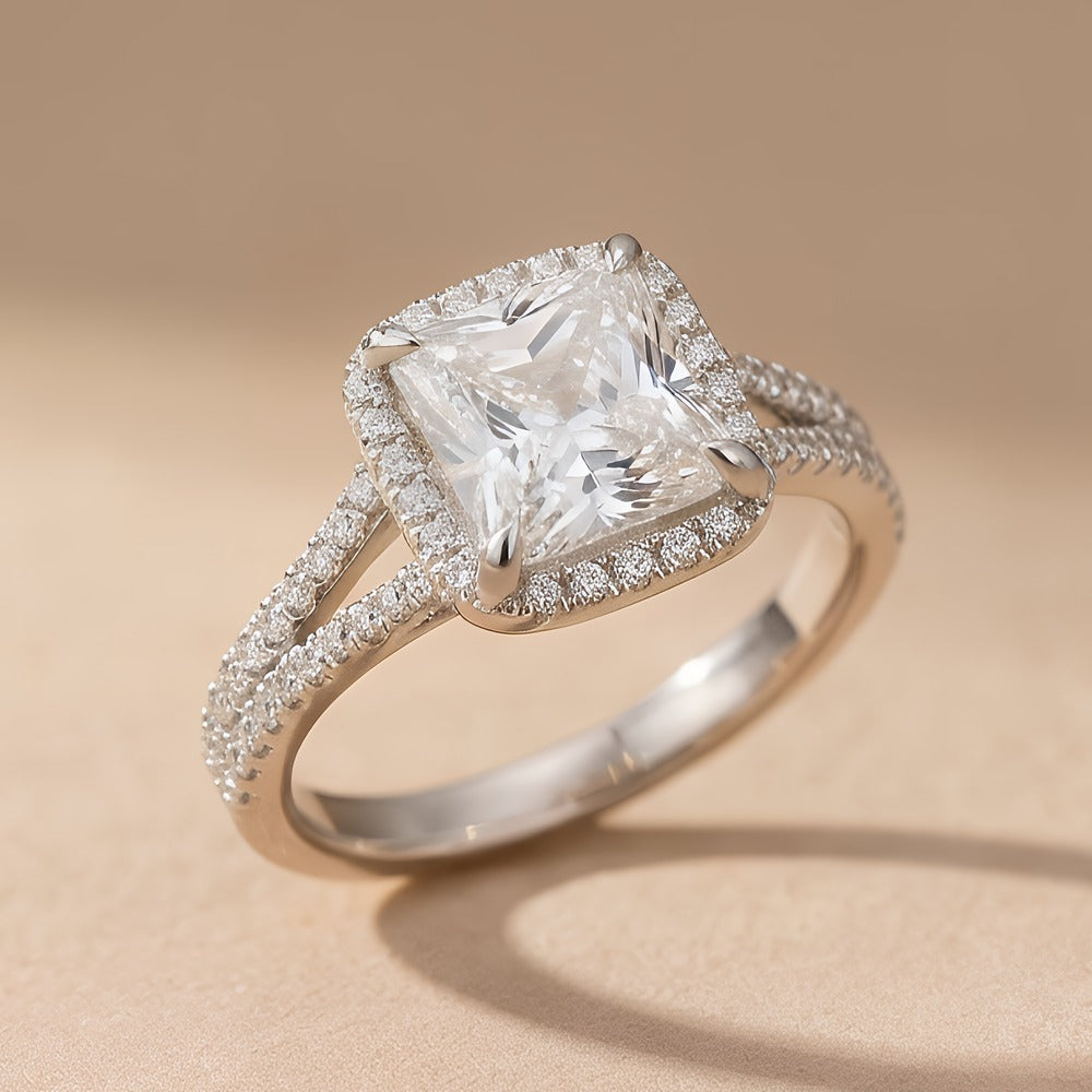 Princess cut moissanite ring with hidden halo diamond accents