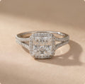 Princess split shank hidden halo moissanite engagement ring front view