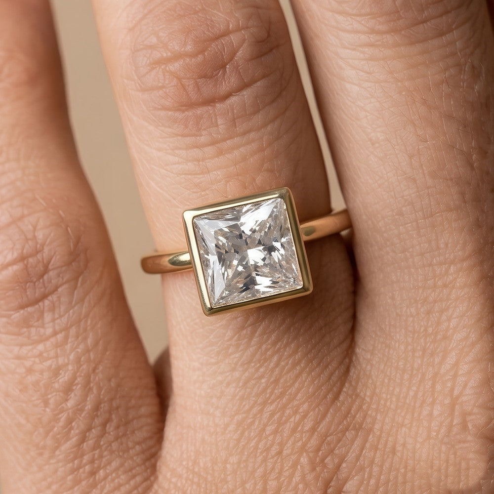 Princess lab grown diamond ring on bride's hand