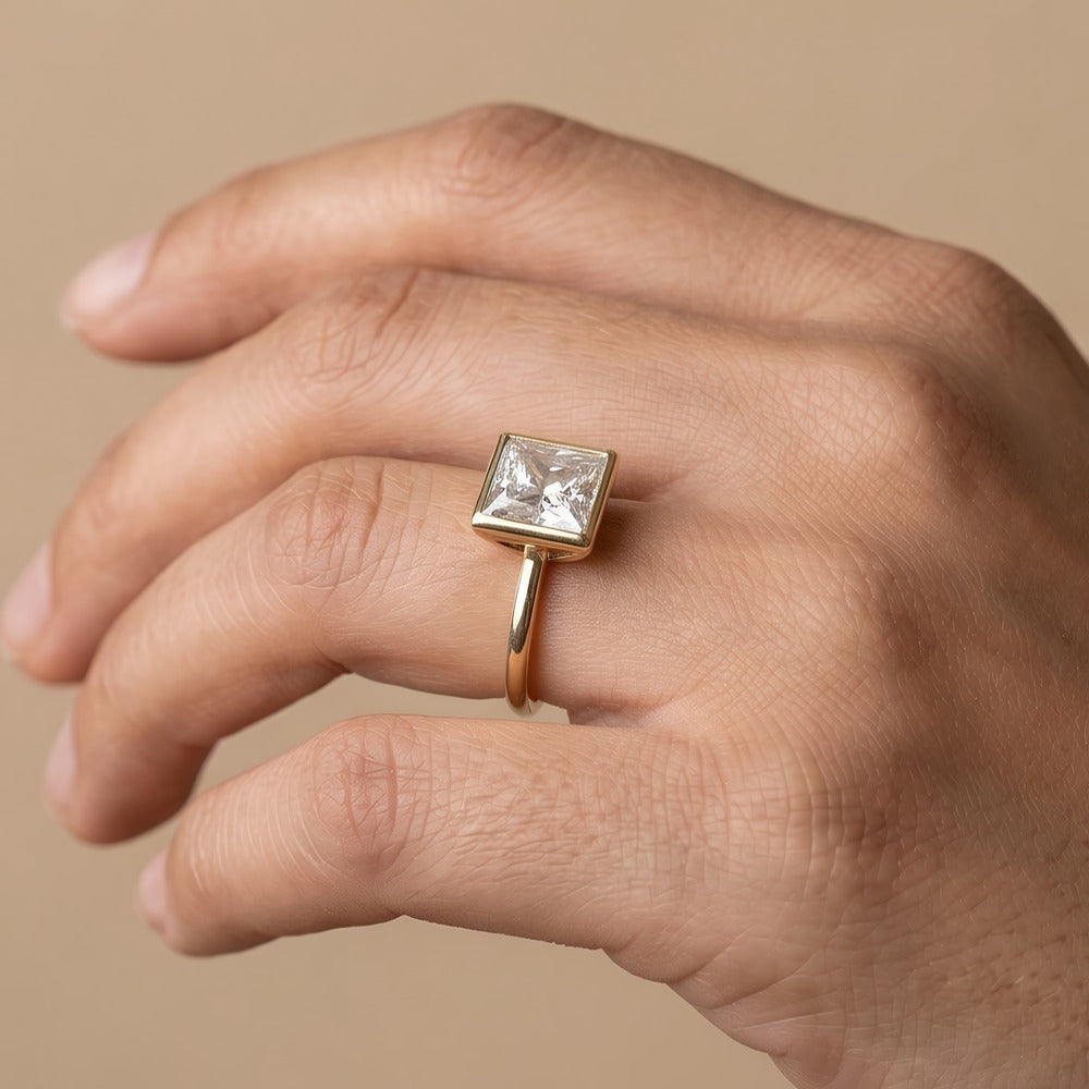 Princess lab grown diamond ring on bride's hand