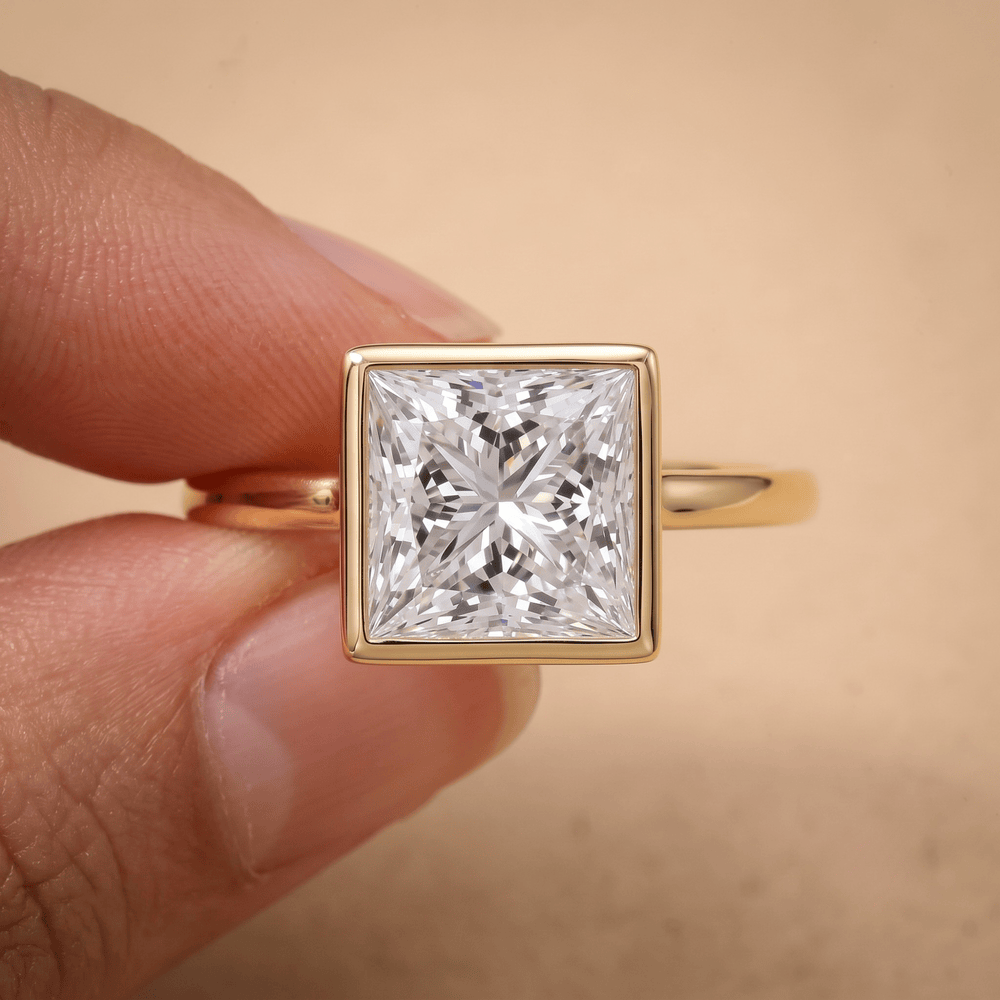 Princess lab grown diamond ring on bride's hand