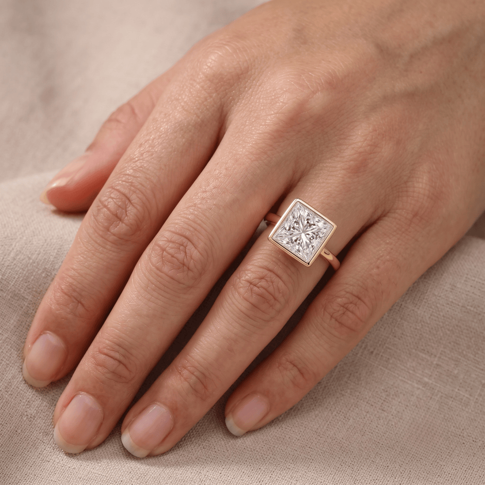 Princess lab grown diamond ring on bride's hand