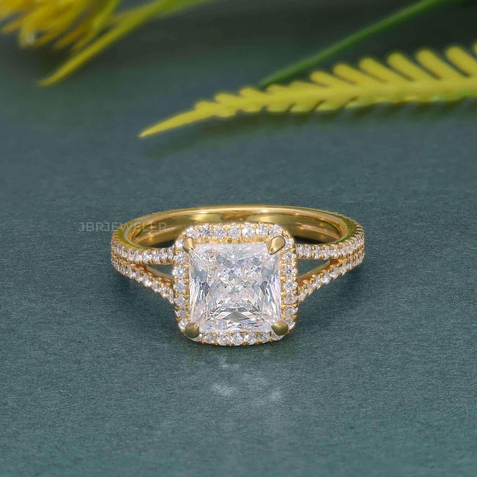 Princess Moissanite Diamond Split Shank Halo Engagement Ring