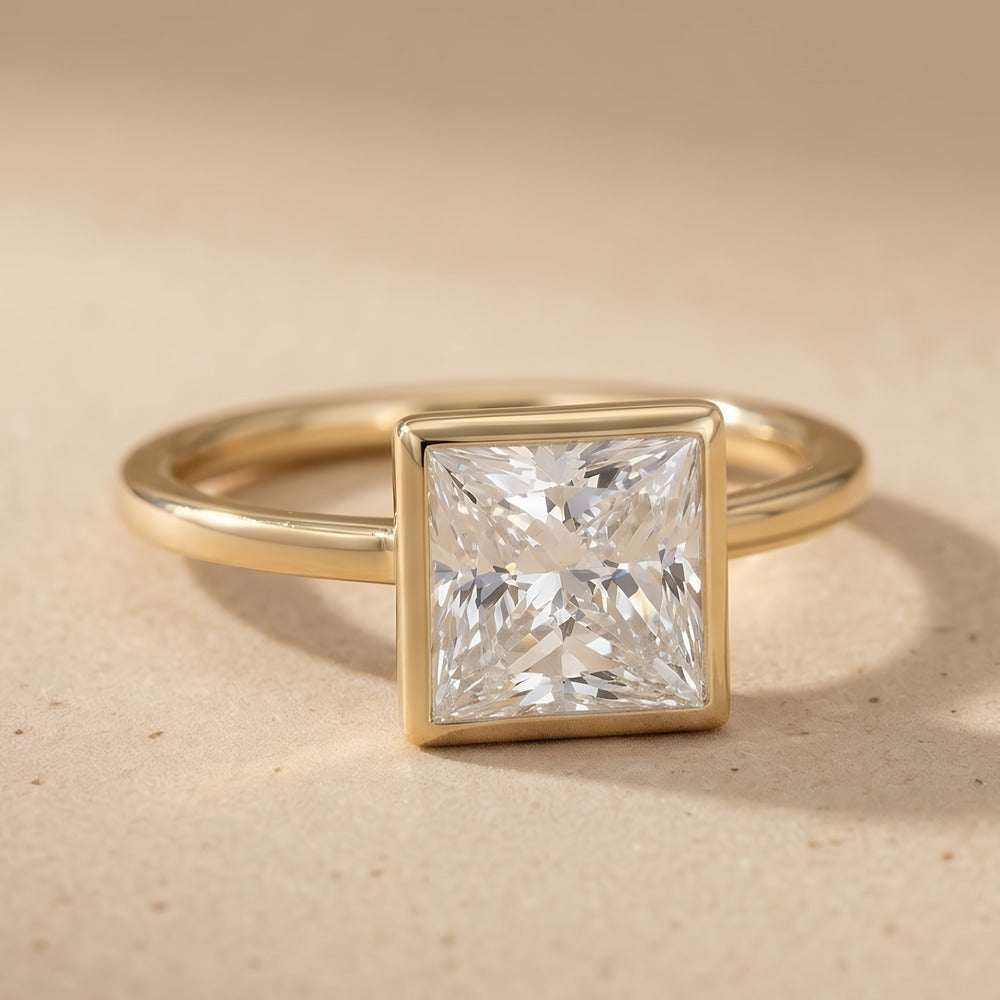 14K gold engagement ring side profile bezel set
