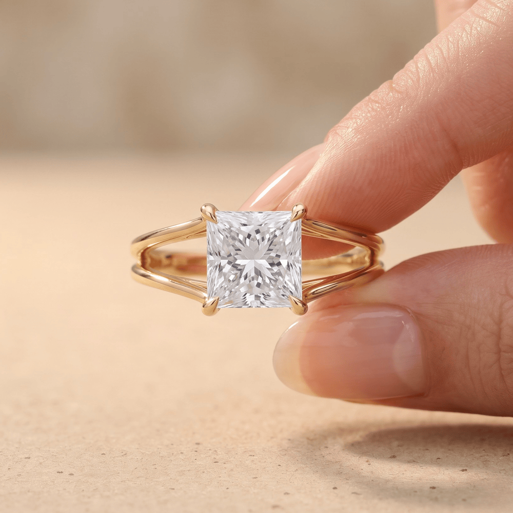 A gold ring with a square princess-cut clear gemstone held between fingers against a warm beige background.