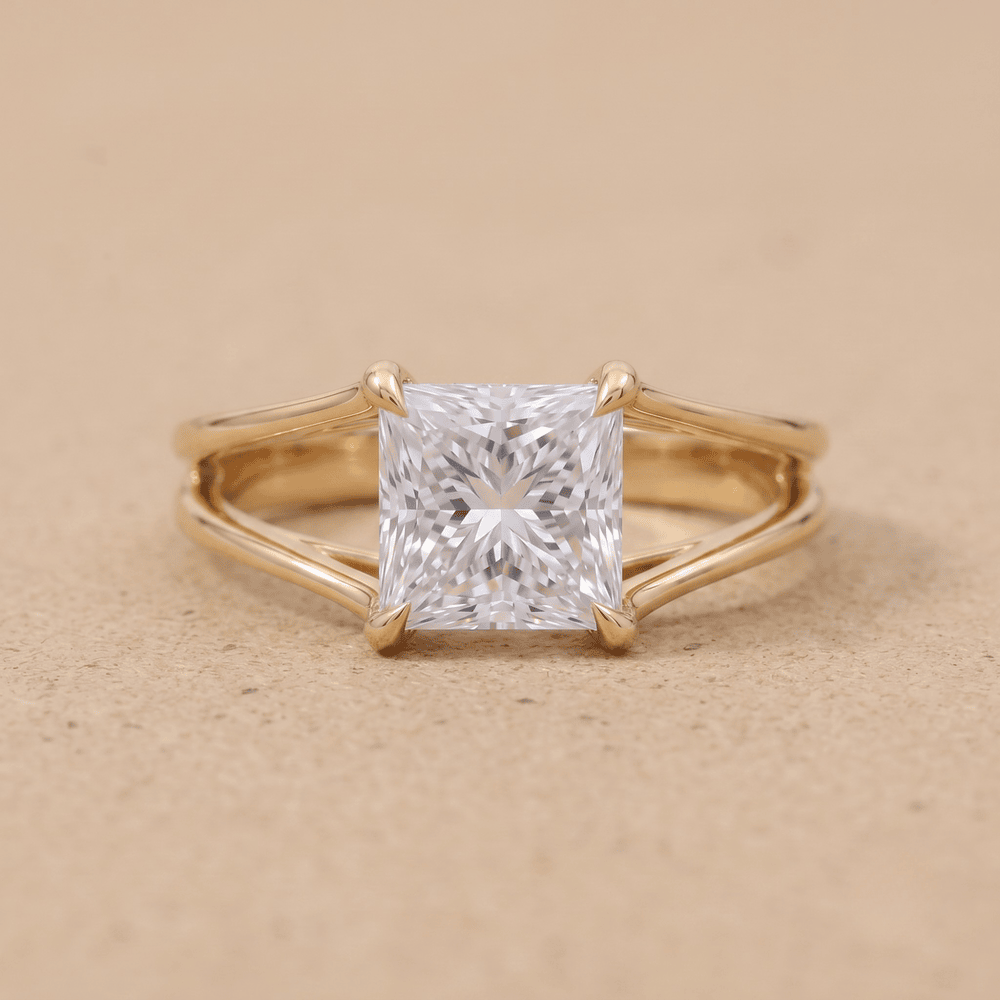 Top view of IGI certified princess cut split shank ring