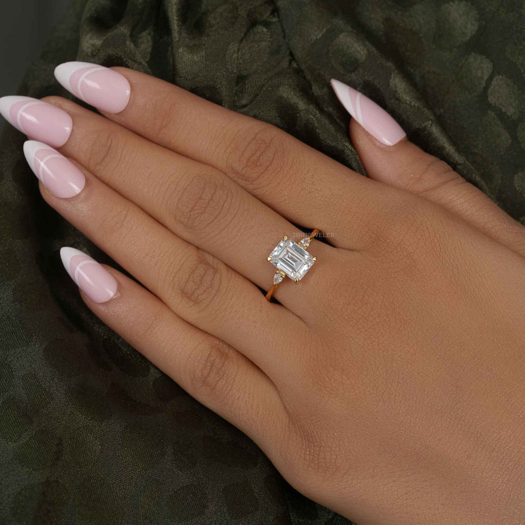 Perfect Fit Three Stone Emerald Lab Diamond Ring With Side Pear - JBR Jeweler