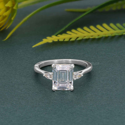 Perfect Fit Three Stone Emerald Moissanite Diamond Ring With Side Pear