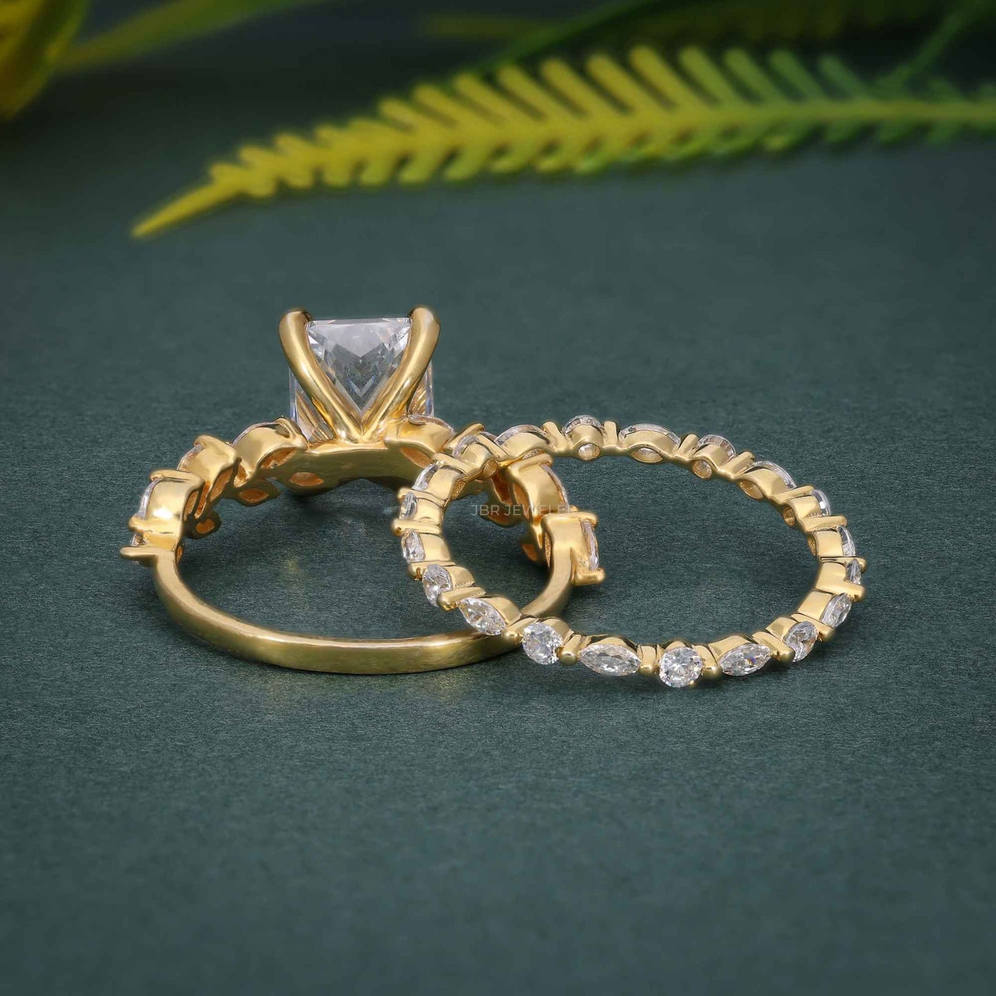 Radiant Cut Moissanite Diamond Side Stones Bridal Wedding Ring Set
