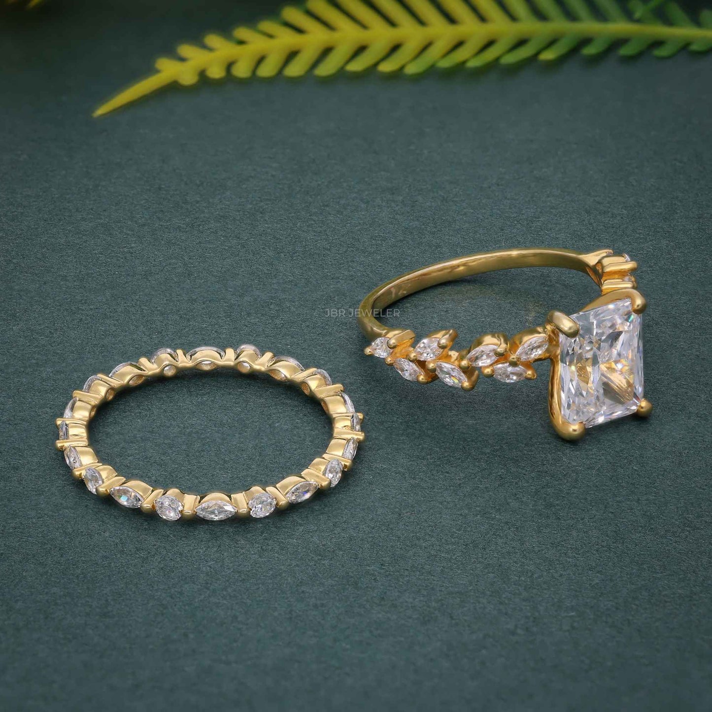 Radiant Cut Moissanite Diamond Side Stones Bridal Wedding Ring Set
