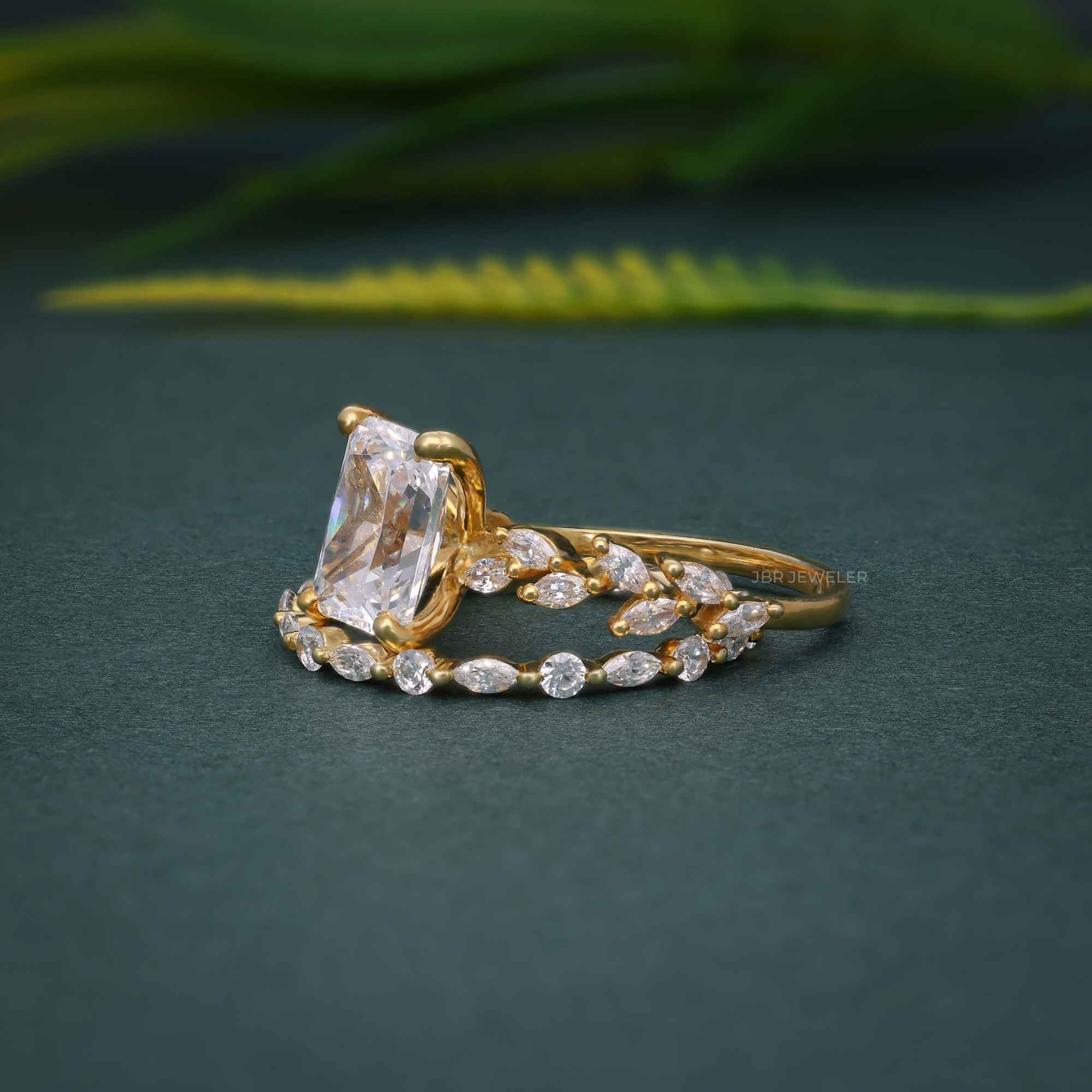 Radiant Cut Moissanite Diamond Side Stones Bridal Wedding Ring Set - JBR Jeweler