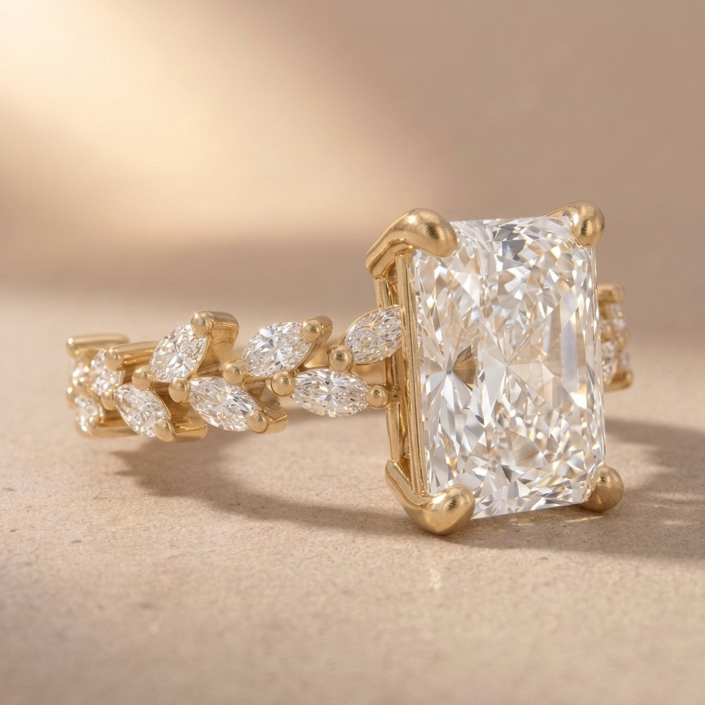 Side view of radiant cut moissanite engagement ring