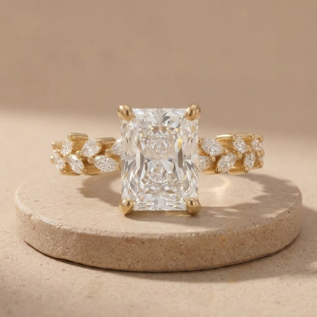 Radiant cut moissanite gold engagement ring gift for bride