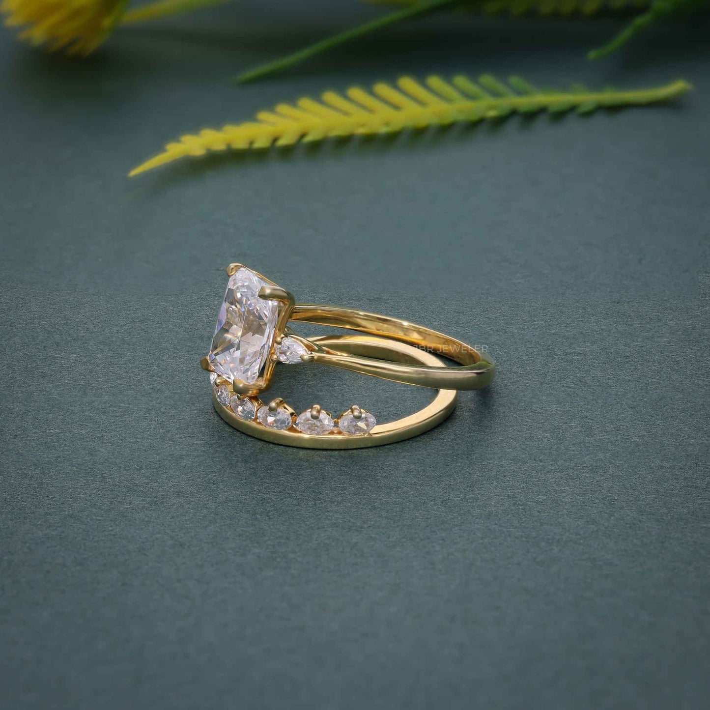 Radiant Cut Three Stone Lab Grown Diamond Bridal Ring With Matching Band
