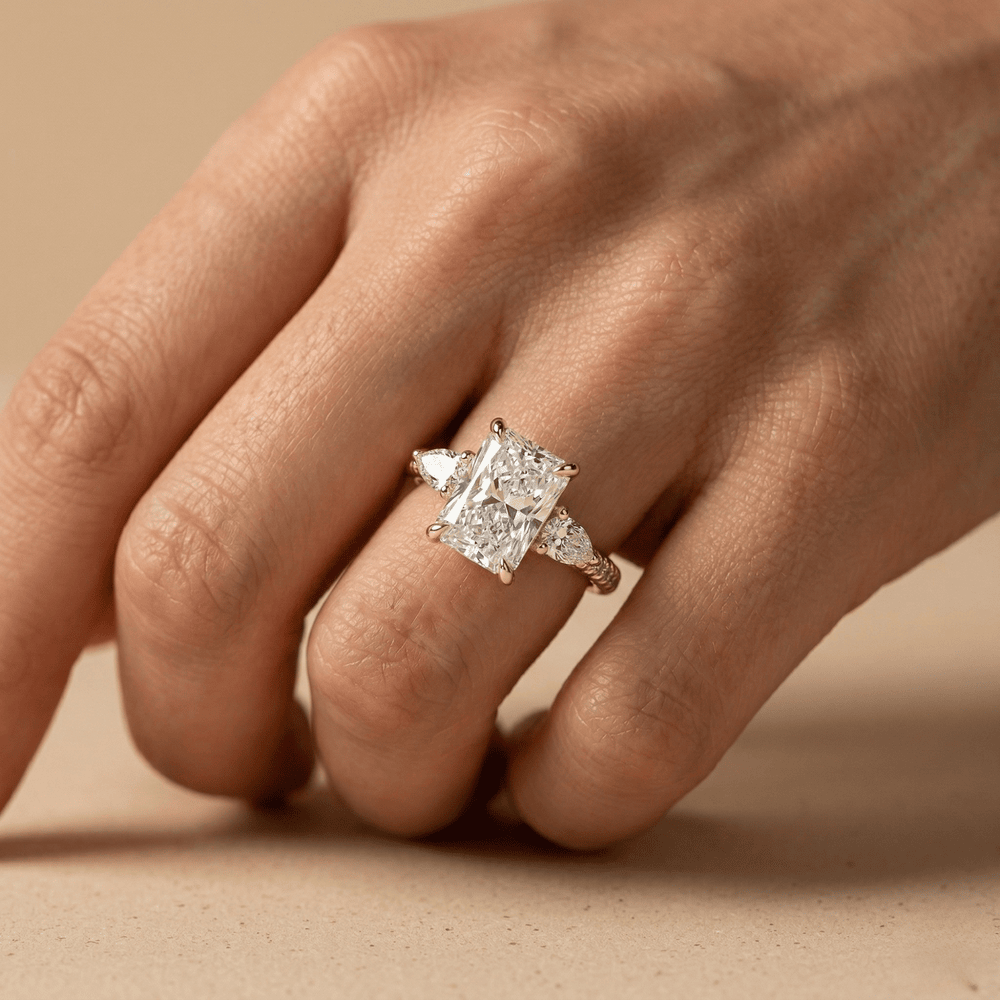 Radiant solitaire style lab diamond ring with pavé details
