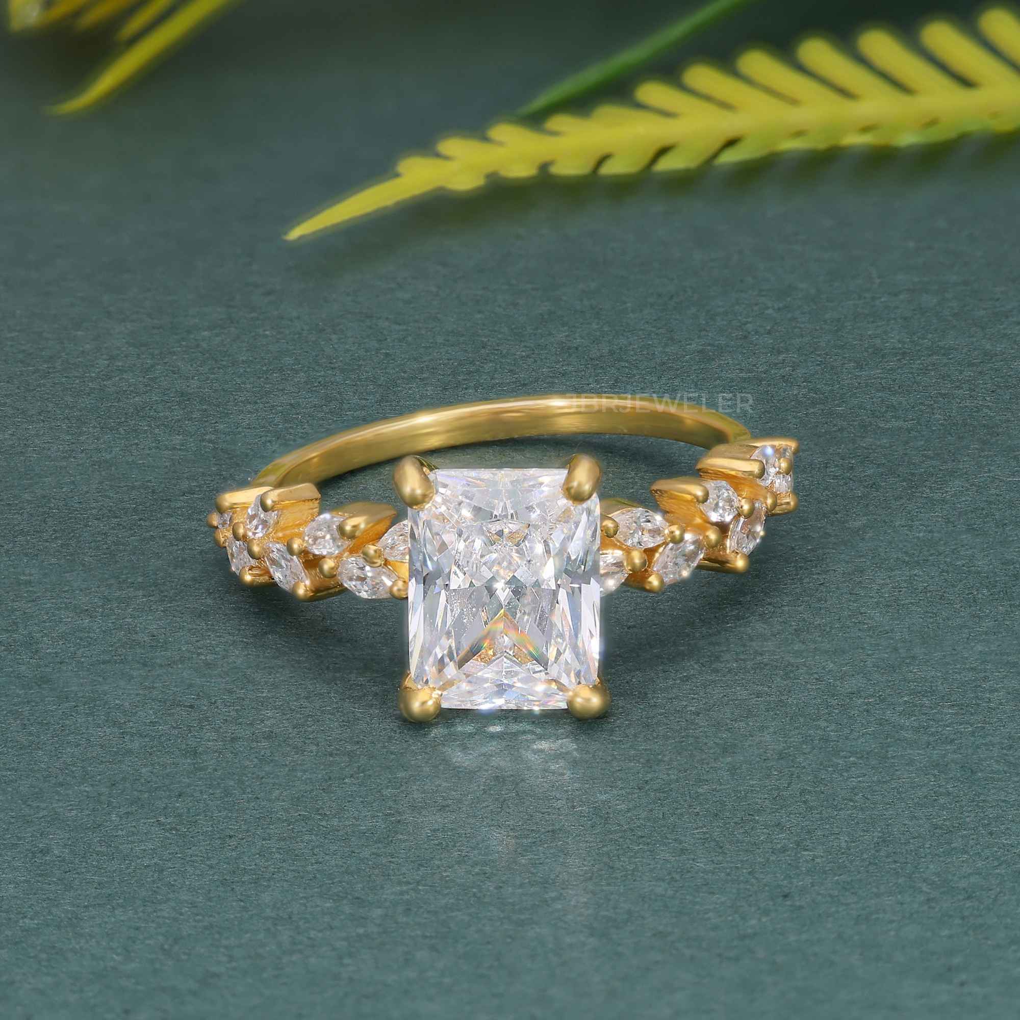 Radiant Moissanite Diamond Engagement Ring With Marquise Accent