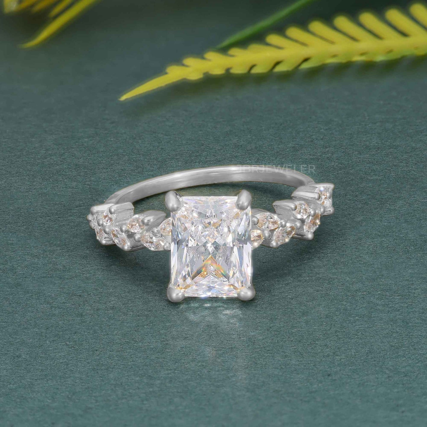 Radiant Moissanite Diamond Engagement Ring With Marquise Accent