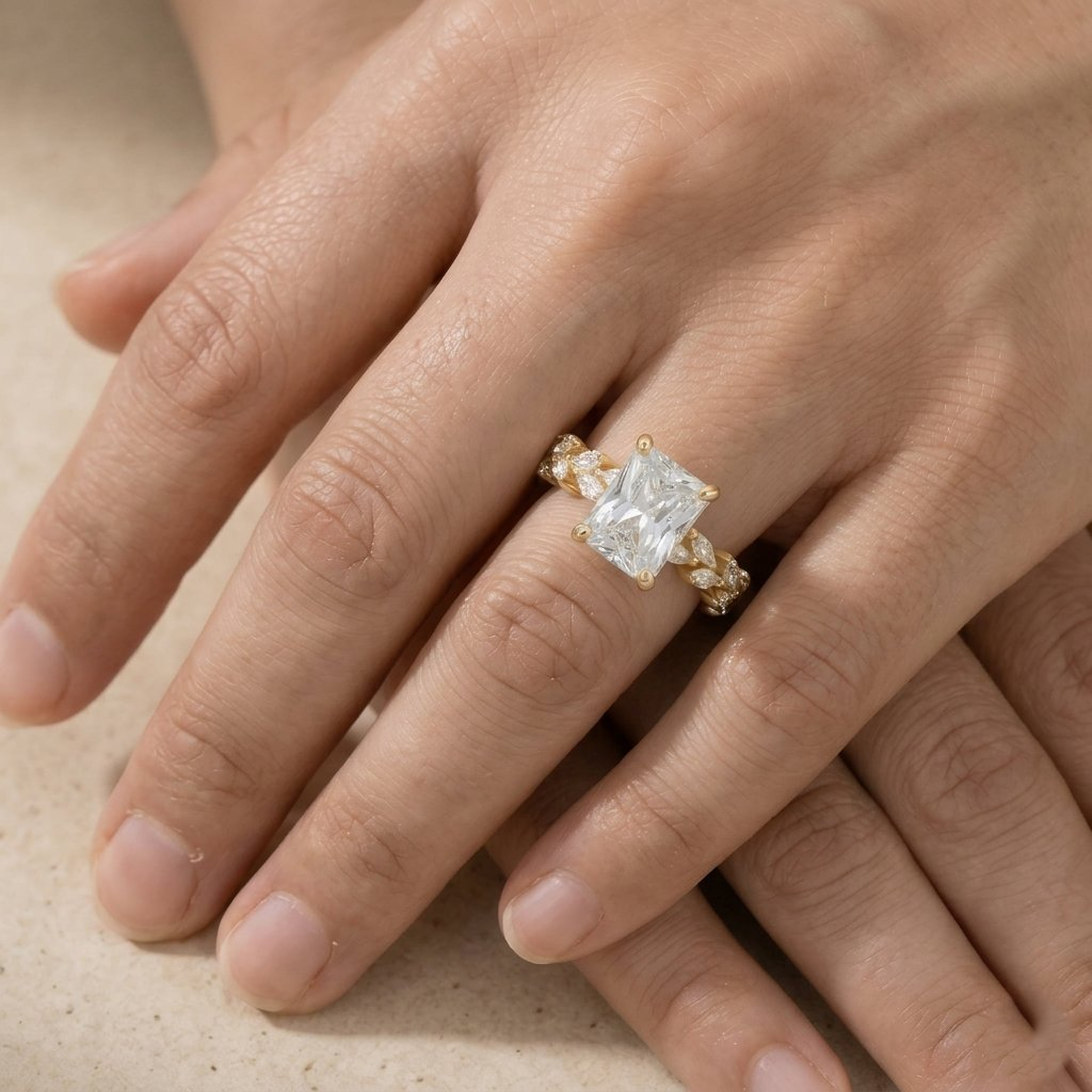 Floral engagement ring with radiant lab diamond center