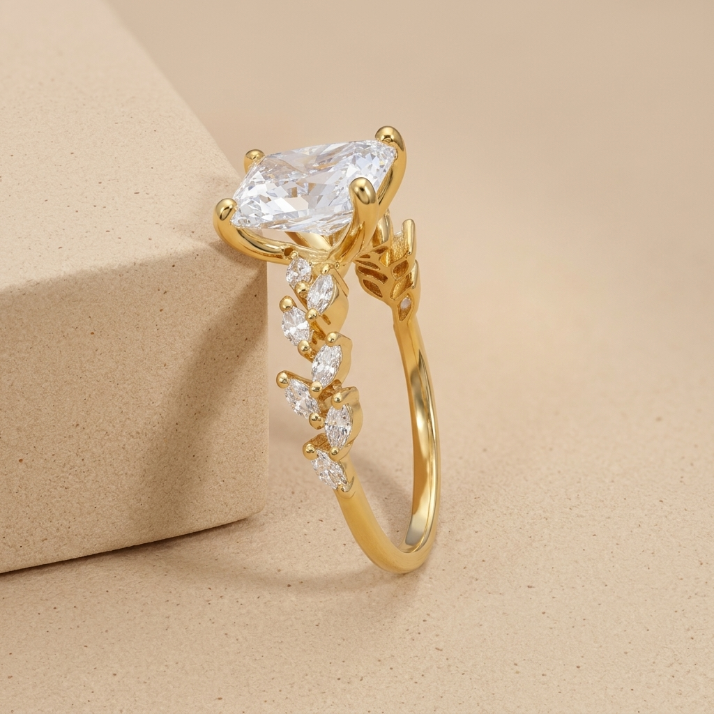 Radiant diamond engagement ring with floral setting