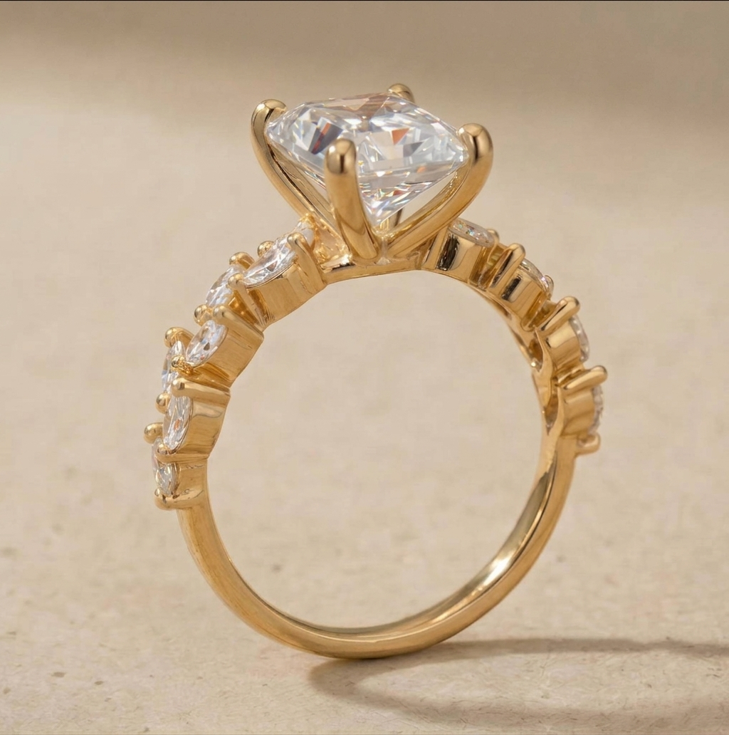 Close up of radiant lab grown diamond floral ring