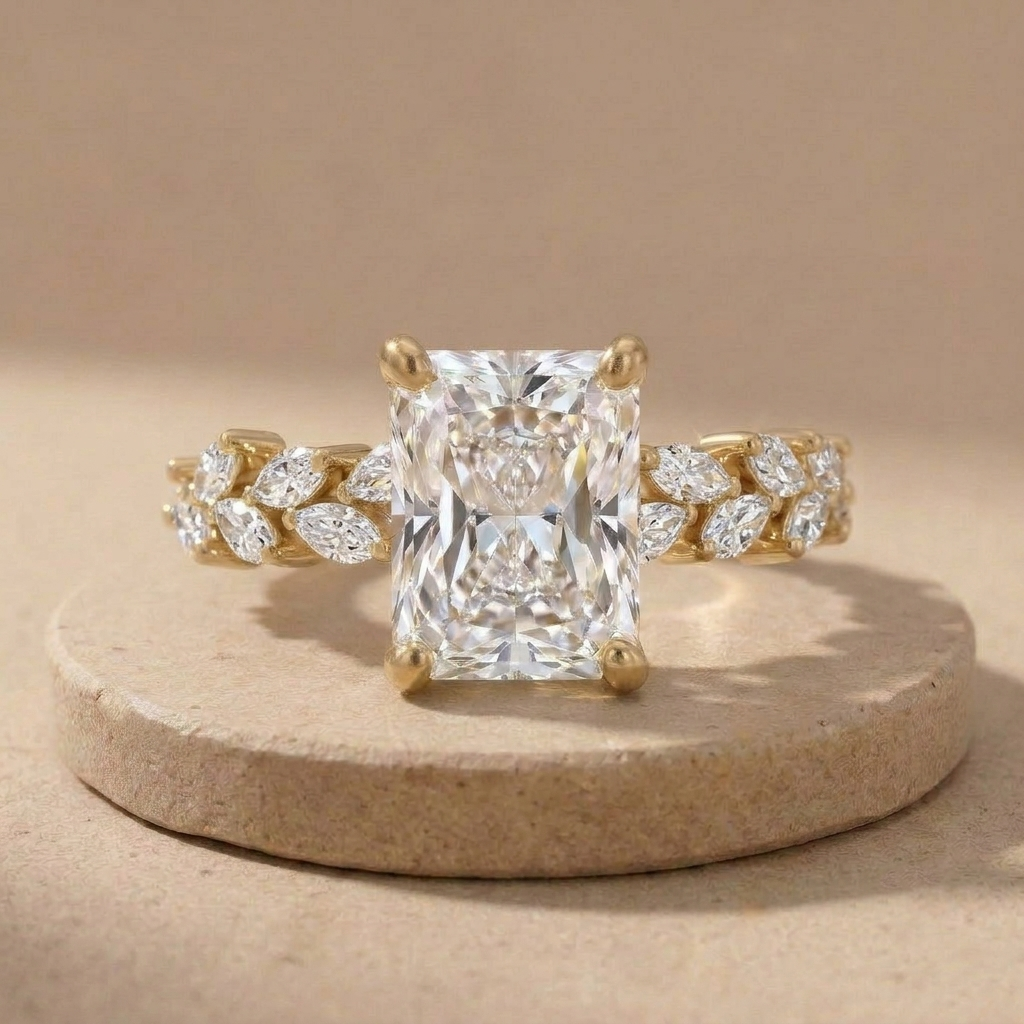 Radiant lab grown diamond floral engagement ring for women