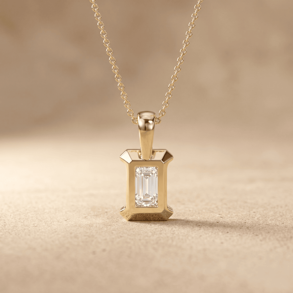 Radiant Lab Grown Half Bezel Pendant Necklace 14K Gold