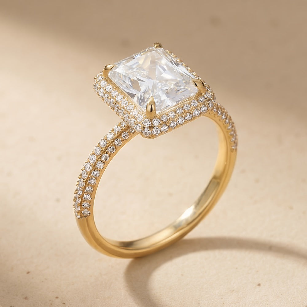 Radiant halo ring top-down view on model finger