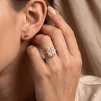 Radiant halo engagement ring lifestyle photo outdoors