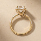14K gold radiant halo ring side profile view