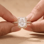 Radiant halo ring top-down view on model finger