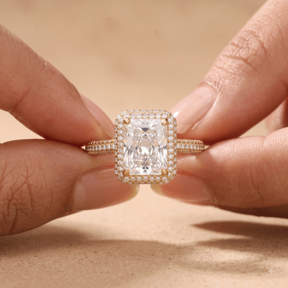 Radiant halo ring top-down view on model finger