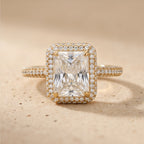 Radiant halo ring top-down view on model finger