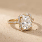 14K gold radiant halo ring side profile view