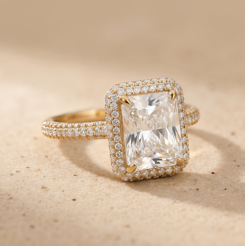 14K gold radiant halo ring side profile view